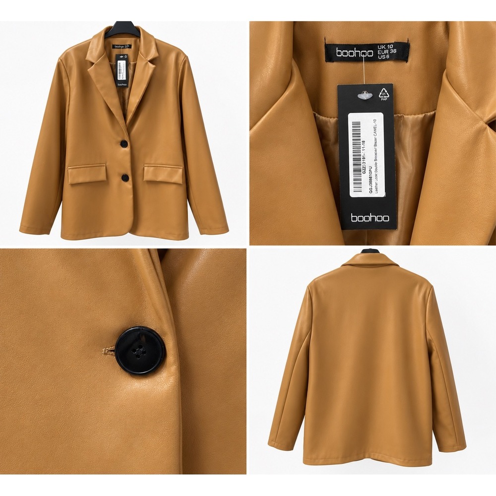 Boohoo Camel Leather Look Double Breasted Blazer Size US 6 NWT